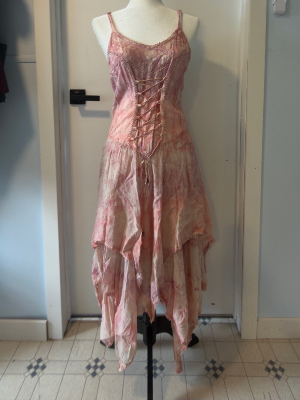 Boho Pink Lace-Up Asymmetrical Slip Dress